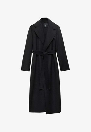 Manteau long en mélange de laine noir avec une taille ceinturée, des revers larges et des manches longues. Présente un design épuré et minimaliste avec une silhouette décontractée.