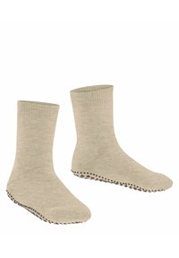 Beżowe bawełniane skarpety z prążkowanymi mankietami, o długości do połowy łydki, z teksturowaną, antypoślizgową podeszwą w kropki, zapewniającą przyczepność. Gładkie wykończenie z subtelnym wzorem.