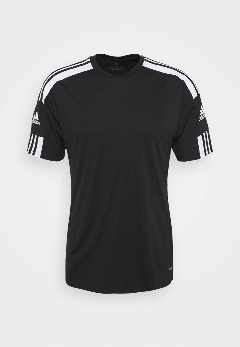 Musta urheilu T-paita lyhyillä hihoilla, jossa on valkoiset raidat harteilla ja Adidas-logo molemmissa hihoissa. Suunnikkaan sileä kangas.