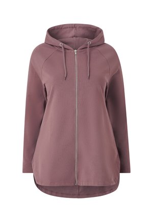 Hellblaue, aufspringende Kapuzenjacke mit Kapuze, langen Ärmeln und lockerer Passform; verfügt über einen silbernen Reißverschluss und Raglanärmel. Glatte Textur.