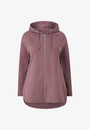 Haut à capuche zippé violet clair avec capuche, manches longues et coupe décontractée ; possède une fermeture éclair argentée et des manches raglan. Texture lisse.