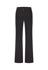 Zwarte pantalon met een gestreept ontwerp en een uitlopende pijp, voorzien van een platte tailleband en een sluiting met twee knopen. Gemaakt van een soepele stof.