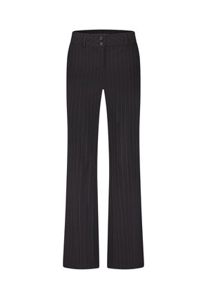 Zwarte pantalon met een gestreept ontwerp en een uitlopende pijp, voorzien van een platte tailleband en een sluiting met twee knopen. Gemaakt van een soepele stof.
