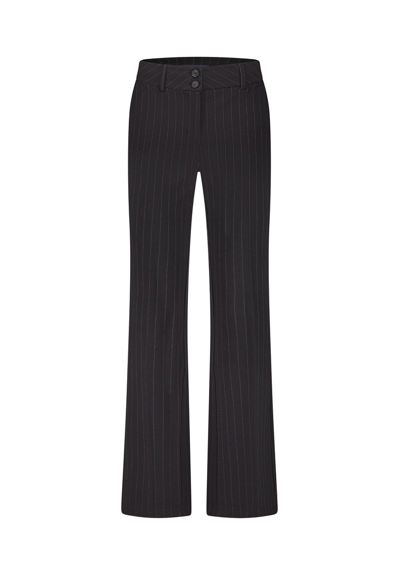 Zwarte pantalon met een gestreept ontwerp en een uitlopende pijp, voorzien van een platte tailleband en een sluiting met twee knopen. Gemaakt van een soepele stof.