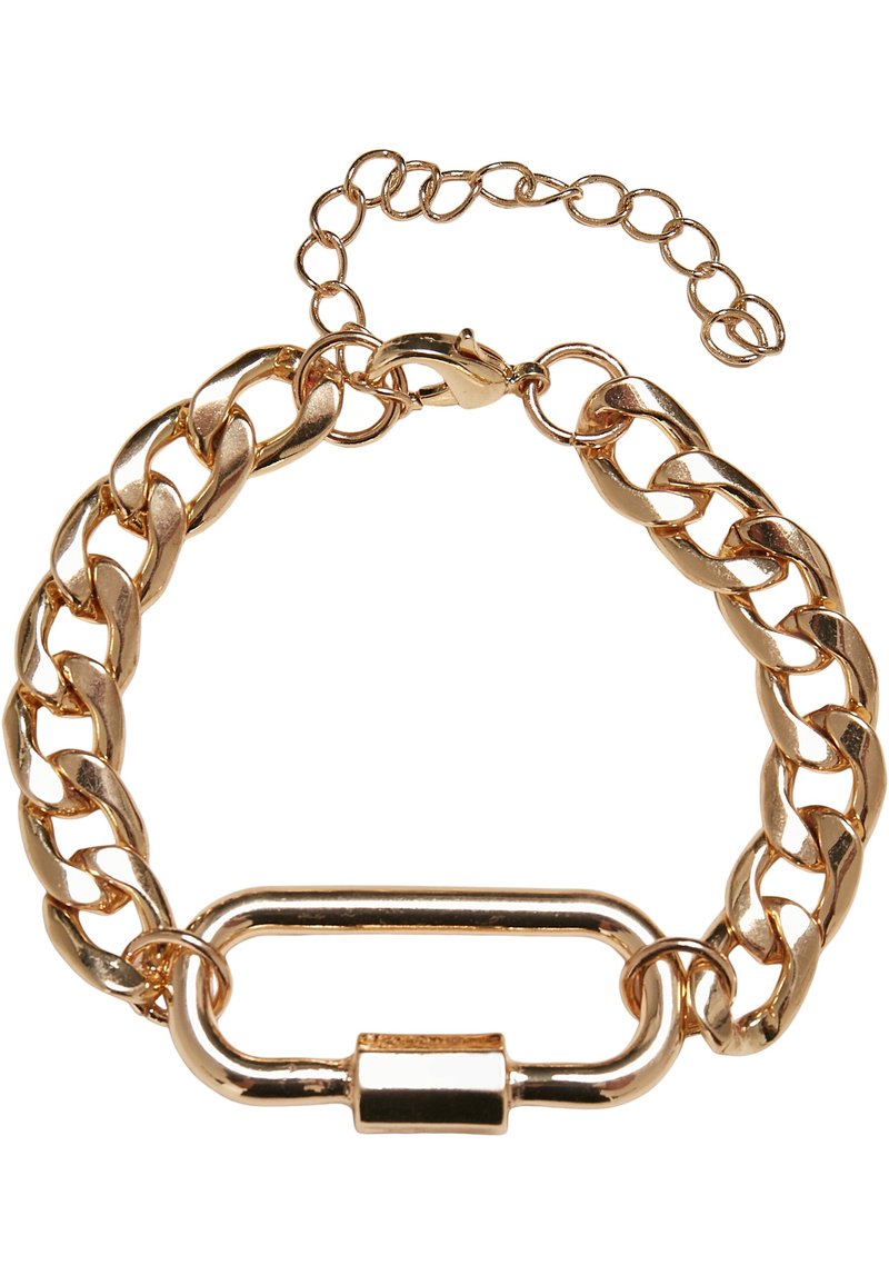Bracelet en métal doré avec un design de chaîne épaisse, accent en maillons rectangulaires et fermoir à chaîne réglable pour des ajustements de taille.
