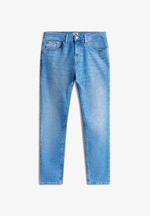 Šviesiai mėlynos spalvos džinsai iš medvilninio audinio su tiesiomis kojų linijomis, turi penkias kišenes, metalinį mygtuką ir švelnų audinio blukimą.