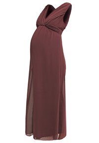 Gravidklänning i djup burgundy, ärmlös med djup V-halsringning och rynkad byst, flytande golvlång design, tillverkad av mjukt, lätt material.