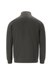 Mørkegrå pullover med høj krave, lange ærmer og en struktureret stof. Har et enkelt design og en ribbet kant forneden.