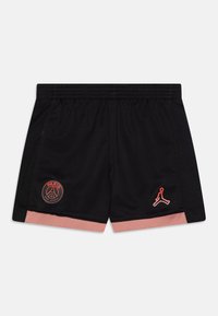 Pantalones cortos deportivos negros con textura de malla, con acentos en rosa en el dobladillo, logo de París en rojo y logo de Jordan en rosa en el lateral.