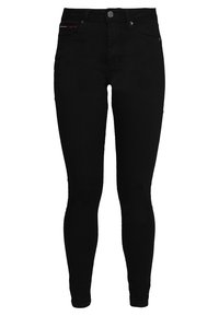 Jeans negros ajustados hechos de denim. Presentan un diseño de cinco bolsillos con un sutil acento en el bolsillo delantero. Textura suave y forma entallada.