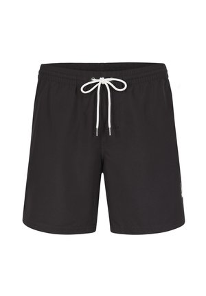 Zwarte zwembroek met een elastische tailleband en koord, voorzien van een gladde textuur en een klein logo aan de onderzijde.