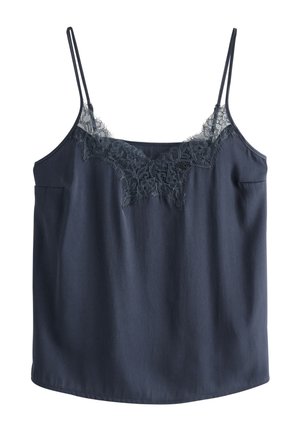 Marineblauwe satijnen top met dunne spaghetti-bandjes en bloemige kanten afwerking langs de V-halslijn.