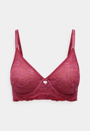 Bordeaux kanten bralette met verstelbare banden, bloemenpatroon, driehoekige cups en een kleine decoratieve uitsnede in het midden.