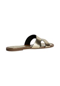 Sandalia deslizante metálica dorada con una correa negra y diseño de punta abierta. Presenta una suela plana marrón y una textura elegante y suave.
