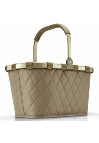 Cestino in tessuto beige trapuntato con una struttura in metallo argento e manico in gomma, caratterizzato da un motivo a diamante e dettagli a cerchio.