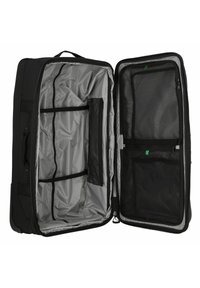 Schwarze Reisetasche mit grauem Innenraum, ausgestattet mit mehreren Fächern, Netztaschen und Reißverschlussverschlüssen für sicheren Stauraum.