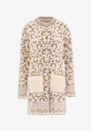 Sweter kardigan w kolorze kremowym z teksturowanym złotym wzorem kwiatowym, z fałszywymi futrzanymi kieszeniami, perłowymi guzikami i falbanowym wykończeniem.