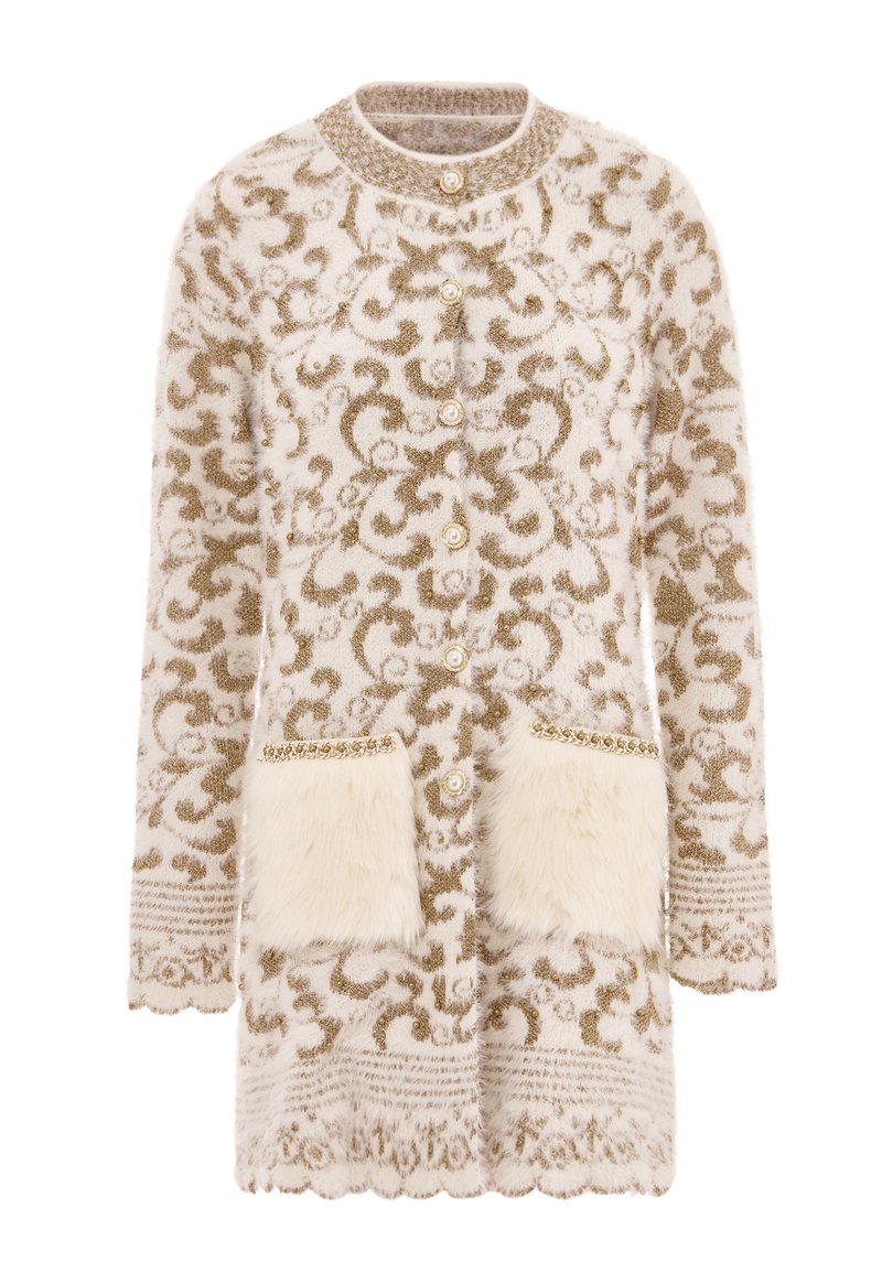Cardigan a maglia color crema con un motivo floreale oro testurizzato, dotato di tasche in finto pelo, bottoni di perla e orlo ondulato.