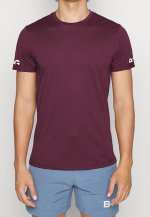 Bordeaux korte mouwen t-shirt van een gladde stof, voorzien van een ronde halslijn en witte logo-accenten op elke mouw.