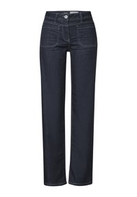 Jean en denim bleu foncé avec une coupe droite, comportant des poches avant, des coutures contrastantes et un bouton de fermeture à la taille.