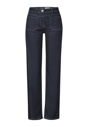 Jeans in denim blu scuro con design a gamba dritta, dotati di tasche frontali, cuciture a contrasto e chiusura con bottone in vita.