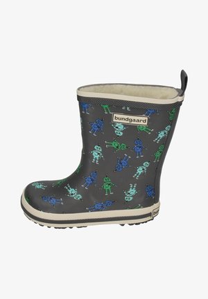 Grau gummistiefel mit einem verspielten Robotermuster in Blau und Grün. Weiße Fütterung, strukturiere Sohle und ein Zugtab hinten.