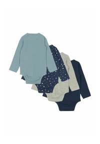 Set aus vier Langarm-Bodysuits in Blau, Marineblau, Grau und Grün, wobei einer ein Sternmuster hat; aus weichem Stoff mit Druckknopfverschluss.