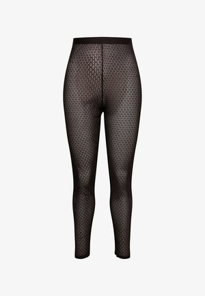 Zwarte leggings met een diamond mesh patroon en een effen zwarte tailleband. Gemaakt van een lichtgewicht, rekbare stof.