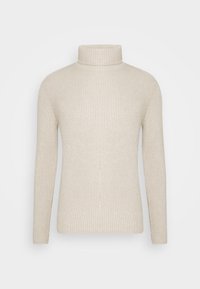 Maglione a collo alto beige realizzato in tessuto a coste, con maniche lunghe e una vestibilità aderente. La texture è morbida con righe verticali in tutto il capo.