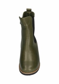 Green leather ankle boot with elastic side panel, rounded toe, and textured rubber sole. Features a pull tab for easy wearing.
