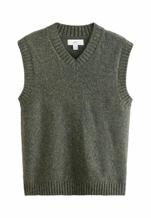 Grüne gestrickte ärmellose Pulloverweste mit geripptem V-Ausschnitt, Armausschnitten und Saum, in mittlerer Größe.