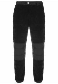 Pantalones de forro polar negros con un ajuste ceñido, que presentan una textura contrastante en las rodillas y un lazo para cinturón en la cintura para un ajuste ajustable.