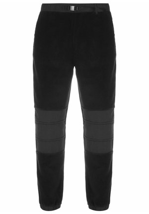 Pantalones de forro polar negros con un ajuste ceñido, que presentan una textura contrastante en las rodillas y un lazo para cinturón en la cintura para un ajuste ajustable.