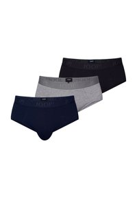 Trois slips pour hommes en noir, gris et bleu marine, chacun avec une ceinture de marque portant l'inscription "JOOP!" sur un fond blanc.
