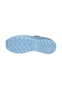 Semelle de chaussure en caoutchouc bleu avec un motif de semelle texturé et géométrique pour une meilleure adhérence. Présente une forme arrondie et des bords lisses.
