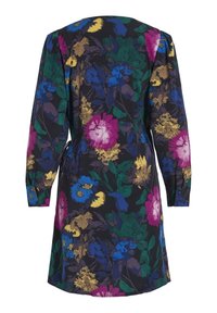 Robe à manches longues avec fond noir, ornée d'un grand imprimé floral aux tons rose, jaune, bleu, vert et or.