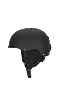 Schwarzer Skihelm mit mattem Finish, ausgestattet mit Belüftungsschlitzen, gepolstertem Innenfutter, verstellbarem Kinnriemen und verstärkten Hardware-Akzenten.