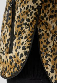 Gestoffeerde beige vest met zwarte luipaardvlekken, voorzien van ritszakken en drukknoopdetails langs de rand, gemaakt van een gladde stof.