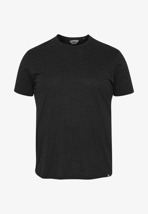 Czarny t-shirt z krótkim rękawem i okrągłym dekoltem. Wykonany z miękkiego, teksturowanego materiału. Posiada małą metkę z logo marki na dolnym lewym brzegu.