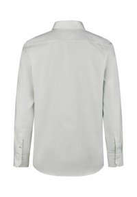 Langemouwen shirt van lichtgroene stof met een gladde textuur, voorzien van een standaard kraag en knoopmanchetten. Achteraanzicht toont de yoke en de zoom.