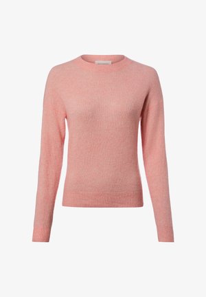 Weiches, rosa Langarm-Rundhalspullover mit gerippten Bündchen und Saum, auf einem schlichten weißen Hintergrund präsentiert.