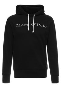 Černá mikina s kapucí a bílými stahovacími šňůrkami, na hrudi je potisk s logem "Marc O'Polo" v světle šedém písmu.