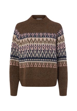 Bruine gebreide trui met geometrische patronen in roze, marine en beige, met een ronde hals en lange mouwen.