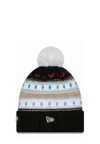 Strickmütze mit einem weißen Pompon, die mit schwarzen, grauen und weißen Streifen sowie bunten Pfeilmuster geschmückt ist. Enthält ein Logotag am Bündchen.