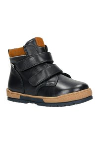 Černé kožené kotníkové boty s dvěma suchými zipy, hnědými semišovými detaily, gumovou podrážkou a texturovanými prvky. Obsahuje zpevněné švy.