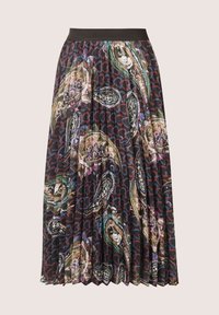 Plissérok van lichtgewicht stof, met een donkere achtergrond voorzien van kleurrijke paisleypatronen en een zwarte elastische tailleband.