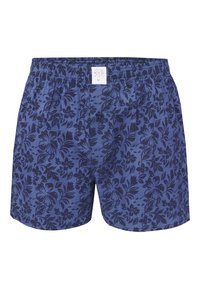 Shorts en coton bleu marine ornés d'un motif floral en bleu plus foncé, avec une taille élastique et une fermeture à bouton à l'avant.