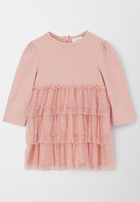 Růžové šaty s dlouhým rukávem, které mají měkký bavlněný vršek a sukni z vrstveného tylu, zdobené puntíky a volánkovým lemem. Zapínání na knoflíky na zádech.