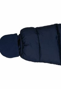 Mörkblå puffjacka med fleecefodrad huva, med kviltade sektioner och elastiska mudd för värme och komfort.