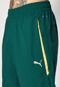 Grønne sportshorts med elastisk talje, gul lynlåslomme og hvid Puma-logo på underbenet. Glat, letvægtsmateriale.